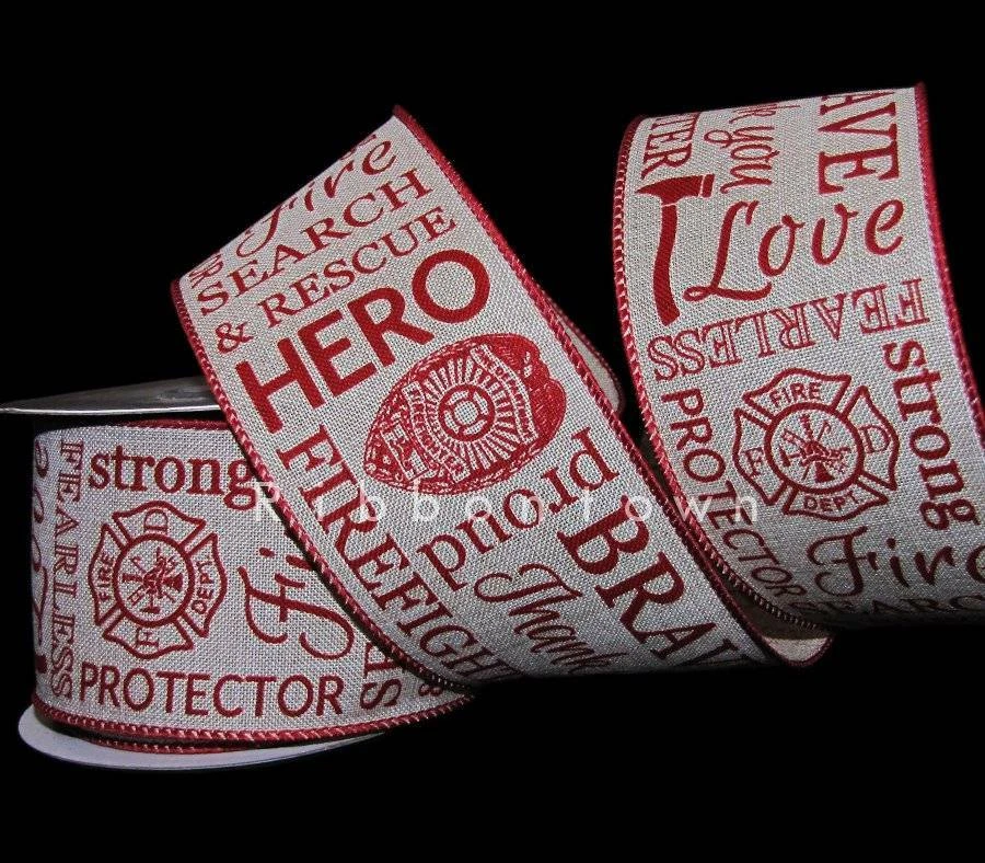 10 Yards Firefighter Fireman Hero Badge Fire Search Rescue Red Wired Ribbon 2 1/ - Image 1 of 1