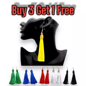 TASSEL FRINGE LONG EARRINGS DANGLE DROP BOHO COLOURS SHIMMER TASSLE HOOK DESIGN - Picture 1 of 15