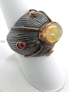 Anillo Cúpula Artesanal Abstracto Ópalo Etíope Rubí Oxidado Plata Esterlina Talla 8,75 - Imagen 1 de 8