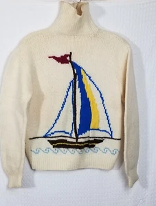 De Colección Años 70 Blanco Hecho a Mano Lana Tejido Velero Bordado Cuello de Tortuga Suéter Talla S - Imagen 1 de 8