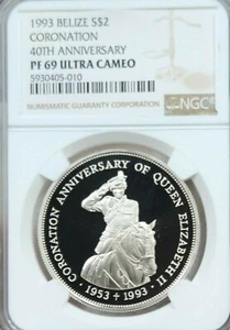 1993 BELIZE SILVER 2 DOLLARS CORONATION ANNIV NGC PF 69 ULTRA CAMEO SCARCE COIN - Picture 1 of 4