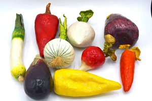 Vintage Paper Mache Vegetable Decor Prop Art Leek Radish Pepper Eggplant Turnip - Picture 1 of 3