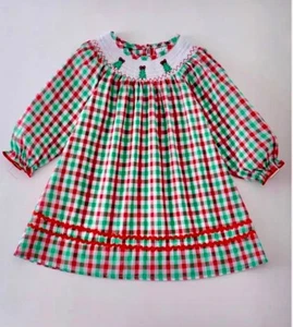 Little Girls Smocked Embroidered Christmas Tree Red Green Plaid Dress Size 5 - Picture 1 of 4