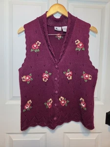Maglione gilet vintage New Look bordeaux ricamato floreale M Cottagecore Granola anni 90 - Foto 1 di 7