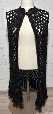 "Gancho de botón de colección negro tejido a mano elegante chal envoltura bordes con flecos 36"" de largo" Foto 1 de 4