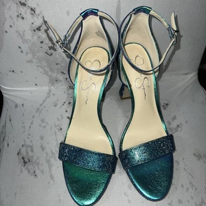 Jessica Simpson Blue Metallic Mermaid Heels Open Toe Rhinestone Shoes Size 9.5M - Picture 1 of 8