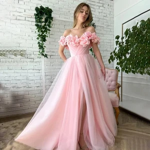 Vestido de novia rosa 3D flor línea A fuera del hombro abertura alta bata de novia - Imagen 1 de 13