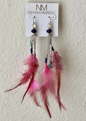 Pendientes Neiman Marcus Plumas Rosa Largos Multi Cuentas Cadenas Plata Foto 1 de 3