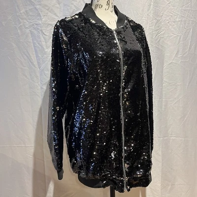 Queen Women’s Black To Silver Flip Sequin Bomber Jacket Width 20 Length 26 - Изображение 1 из 4