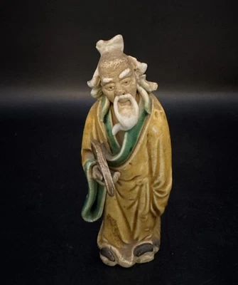 Antique Chinese Mudman, 4 1/4 Inch , Stamped "CHINA" Holding Fan - Image 1 of 4