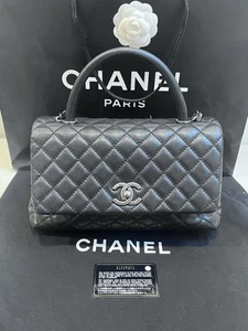 Auth Chanel Coco Top Handle Medium Blk Grained Caviar Flap Shoulder Bag - Picture 1 of 9