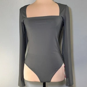 Cyanstyle Gray Square Neck Long Sleeve Bodysuit Woman's Shirt Top Medium NWT - Picture 1 of 10