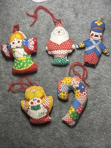 5 Vintage Handmade Christmas Ornaments Cloth Soft Stuffed Patchwork Holidays - Picture 1 of 9