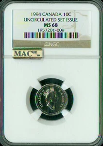 1994 CANADA 10 CENTS NGC MS68 PQ2ND FINEST REGISTRY MAC SPOTLESS * - Picture 1 of 4