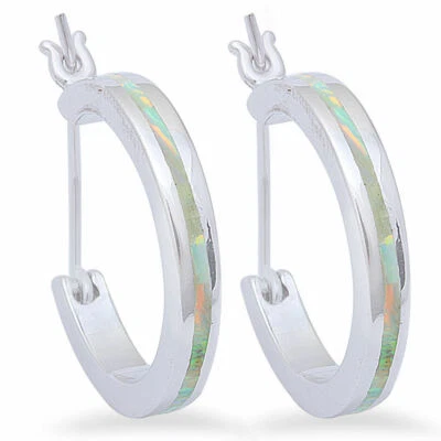 ▌Hermoso pendiente de aro de 20 mm de ópalo blanco de plata de ley 925 para mujer » E21 Foto 1 de 4