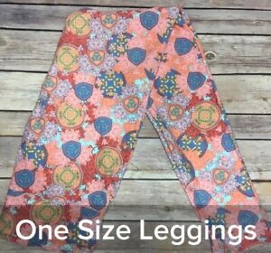 LuLaRoe Mommy and Me Collection OS Leggings Coral Pink Blue Flowers Vines NWT