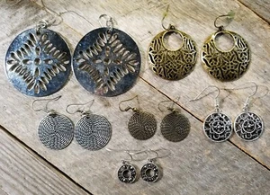 LOT 6 Filigree circle earrings lattice beach boho festival mandala medallion  - Picture 1 of 11