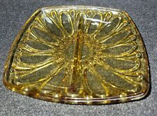 Amber Yellow Divided Relish Dish Plate Glass Square 7" Vintage 