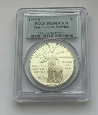 1996 S SILVER NATIONAL COMMUNITY SERVICE PCGS 69 DCAM SILVER 1$ DOLLAR COIN - Image 1 of 4