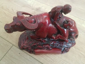 Vintage Heavy Chinese Zodiac Red Resin OX Sculpture Taurus Children - Feng Shui - Picture 1 of 23