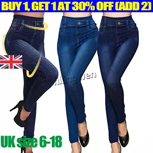 Ladies Women Stretchy Denim Look Skinny Jeggings Leggings Plus Size UK 6-18 Soft - Picture 1 of 19