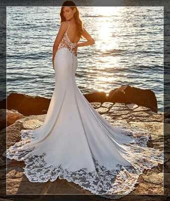 Rückenfrei Spitze Crepe Brautkleid Hochzeitskleid Perlen 32-60 Träger Mermaid - Bild 1 von 4