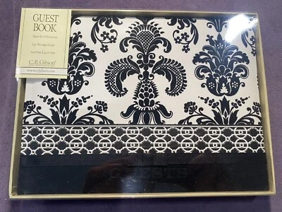 Libro de visitas CR Gibson flor de lis blanco y negro, 9"x6-3/4" con bolsa de regalo a juego  Foto 1 de 4