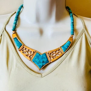 Vtg Jay King DTR Mine Finds Necklace Copper Turquoise Inlay Statement Collar bib - Picture 1 of 9