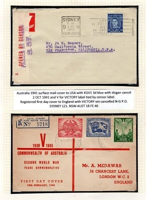 AUSTRALIA WW2 Covers{2} *V FOR VICTORY* Label & FDC PEACE Set 1941-46 JL161 - Image 1 of 4