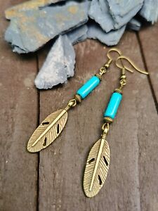 TURQUOISE and Tibetan Bronze Feather Dangly Earrings Boho Festival Hippie 