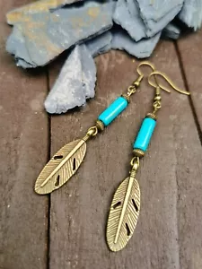 TURQUOISE BEADS and Tibetan Bronze Feather Dangly Earrings Boho Festival Hippie - Picture 1 of 4