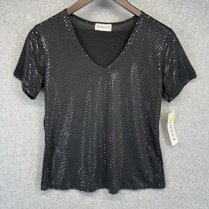Ninety Damen Bluse Schwarz Pailletten Oberteil V-Ausschnitt Kurzarm Größe M Stretch - Bild 1 von 15