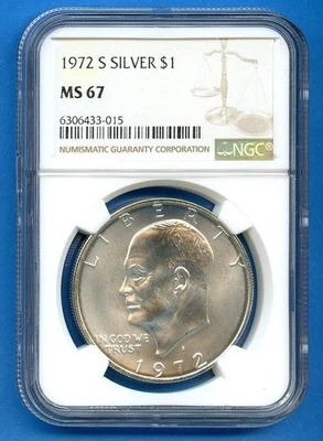 1972 S Silver NGC MS67 Eisenhower Dollar $1 US Mint 1972-S MS-67 Blast White - Image 1 of 3