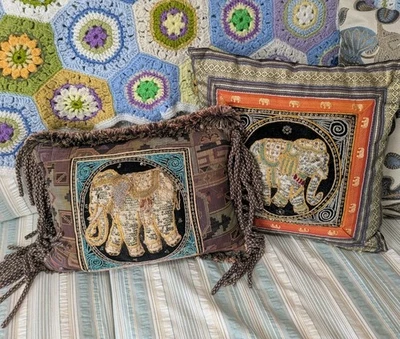 Pair Of Ethnic Vintage Indonesian Thai Sequin Embroidered Elephant Pillows - Image 1 of 4