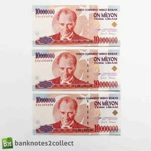 TURKEY: 3 x 10,000,000 Turkish Lira Banknotes with Consecutive Serial Numbers. - Picture 1 of 2