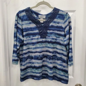 Alfred Dunner Size PM Round Neck 3/4 Sleeve Embroidered Neckline Striped Blouse - Picture 1 of 7