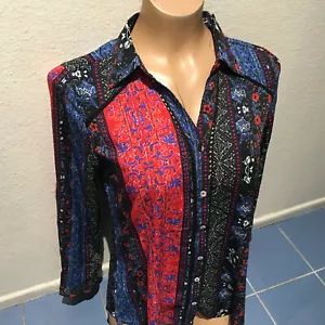 CLAUDIA RICHARD Black Navy Red Print Long Sleeve Button Down Shirt - Women's S - Picture 1 of 10