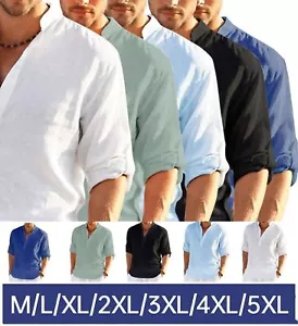 Mens Cotton Linen Long Sleeve Shirt Solid Loose Blouse Button Down Tops T Shirt - Picture 1 of 26