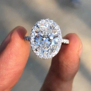 3.25Ctw Oval Cut Moissanite Halo Engagement Ring In Solid 14K White Gold - Picture 1 of 15