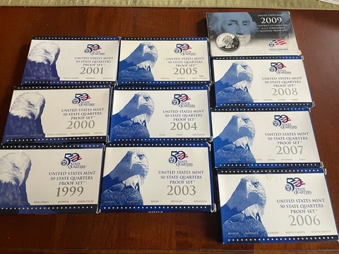 1999 thru 2009 !NO 2002! US Mint State Quarter proof sets with COA.  10 Sets Cover