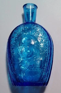 Wheaton Glass House Millville NJ Ben Franklin blue 7 1/2 inch flask (A482) - Picture 1 of 15
