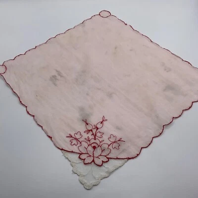 Vintage Hanky Flor Encaje Bordado Rosa Blanco Rojo San Valentín Boda Hecho a Mano Foto 1 de 4