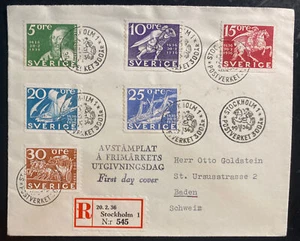 1936 Stockholm Sweden First Day Cover FDC To Baden Swiss Sc#251-256 - Picture 1 of 2