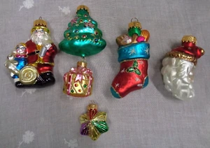 Lot/5 Blown Glass Christmas Ornament STAR - SANTA - STOCKING - TREE - SANTA FACE - Picture 1 of 7
