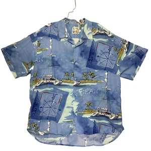 Jams World Blue Mens Shirt Sz L Short Sleeve Catamaran Nautical Palm Trees Aloha - Picture 1 of 15