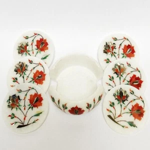 4" Round Marble Tea Coaster Set Carnelian Stone & Abalone Shell Floral Inlay Dec - Picture 1 of 8