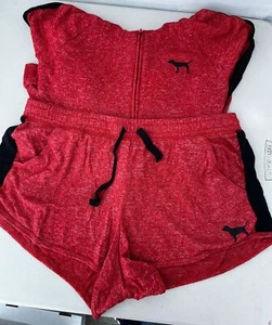 Red Victoria's Secret Pink Zip-Up Hoodie Sweatshirt & Shorts Set Size Large - Picture 1 of 8