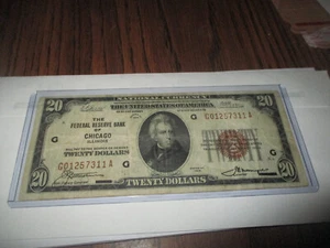 1929 $20 BROWN SEAL NATIONAL CURRENCY FEDERAL RESERVE NOTE-CHICAGO ILLINOIS - Picture 1 of 2