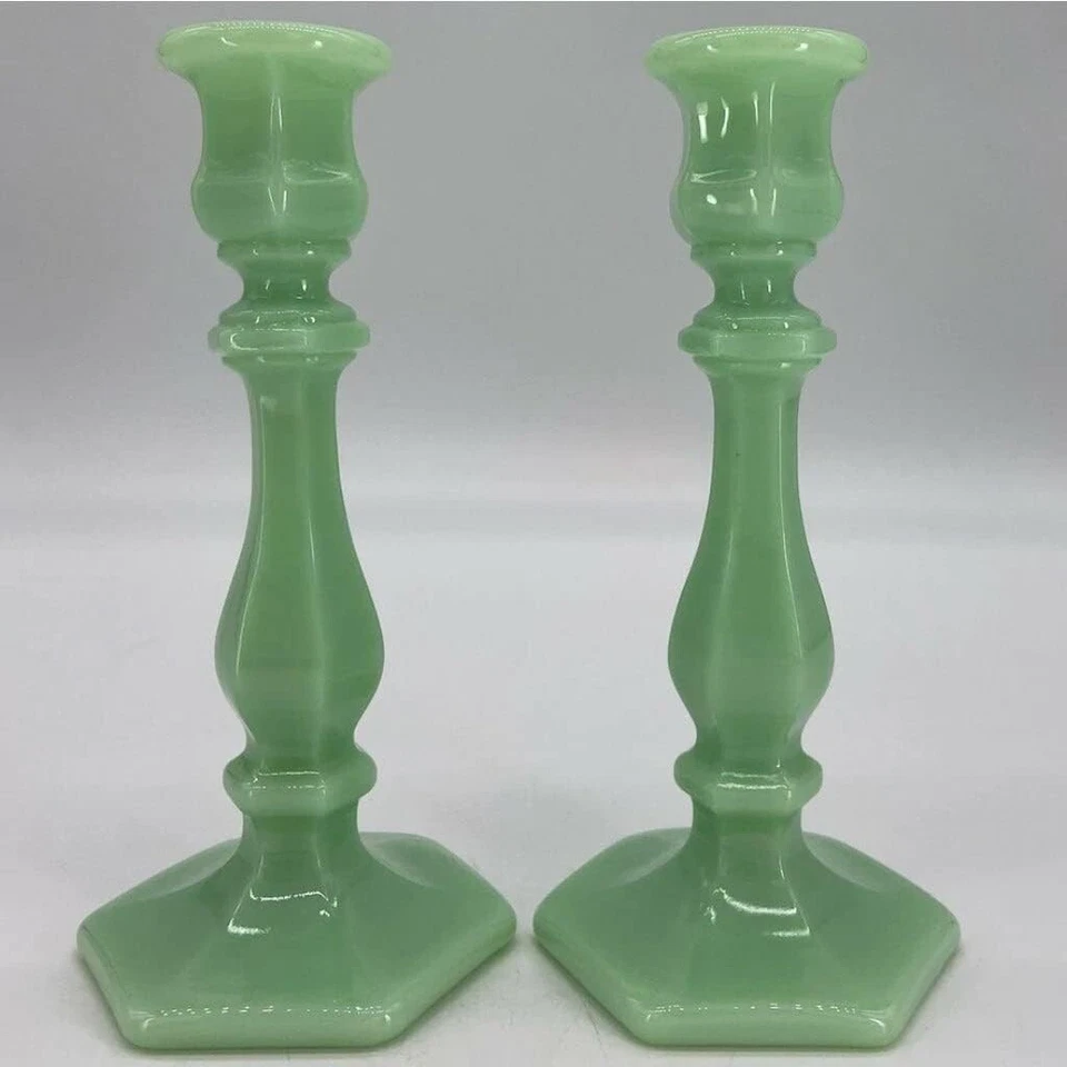 Set of 2 Candleholders Candlesticks - Jade Jadeite Green Glass Mosser USA