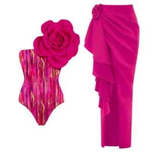 Conjunto de traje de baño de flores estampado plisado de un hombro con un sexy traje de baño para cubrir - Imagen 1 de 66